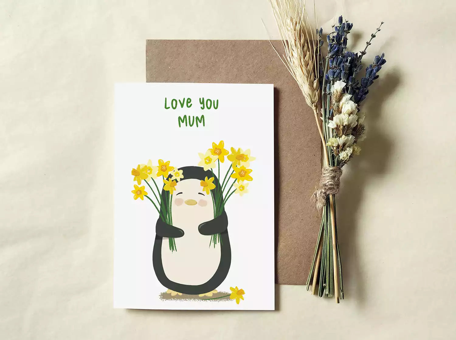 penguin holding daffodils and text 'love you mum'