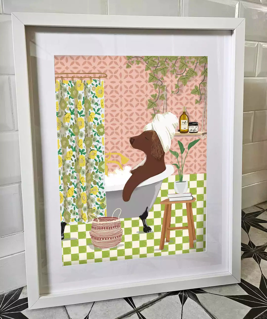 dog in the bath print with patterned background