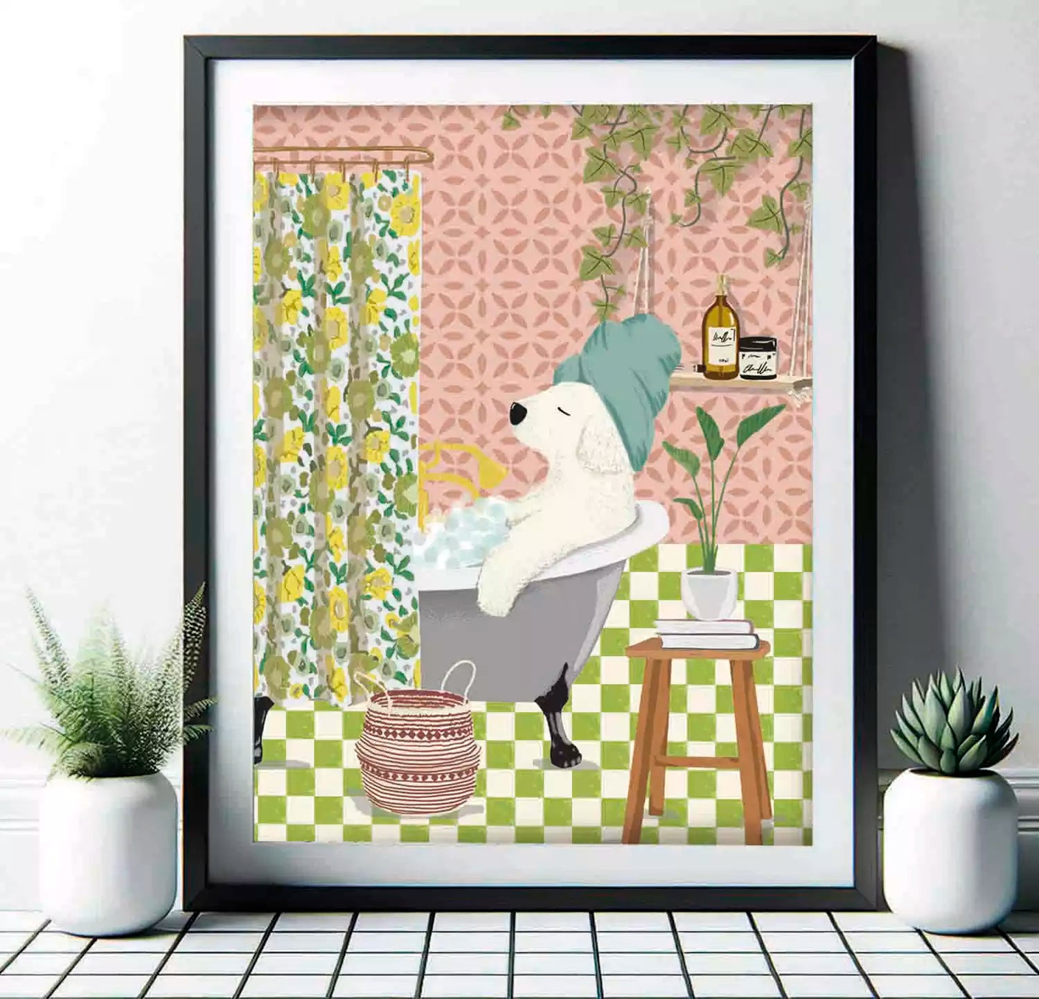 dog in the bath print with patterned background