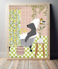 funny bathroom print with dog in the bath and colourful patterned decor.