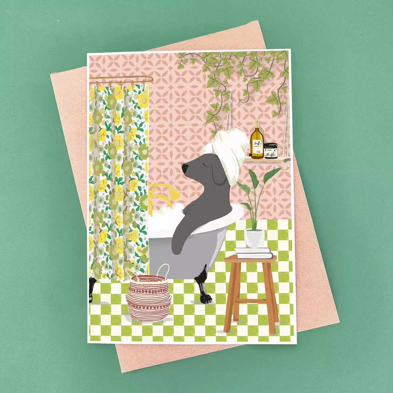 funny dog relaxing in the bath with patterned tiled background