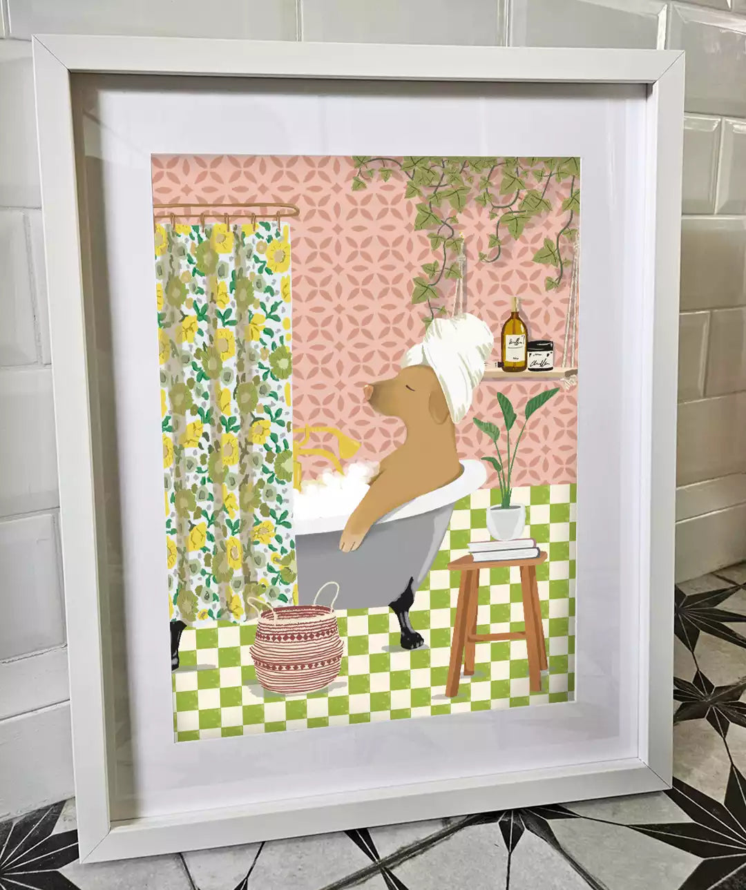 dog in the bath print with patterned background