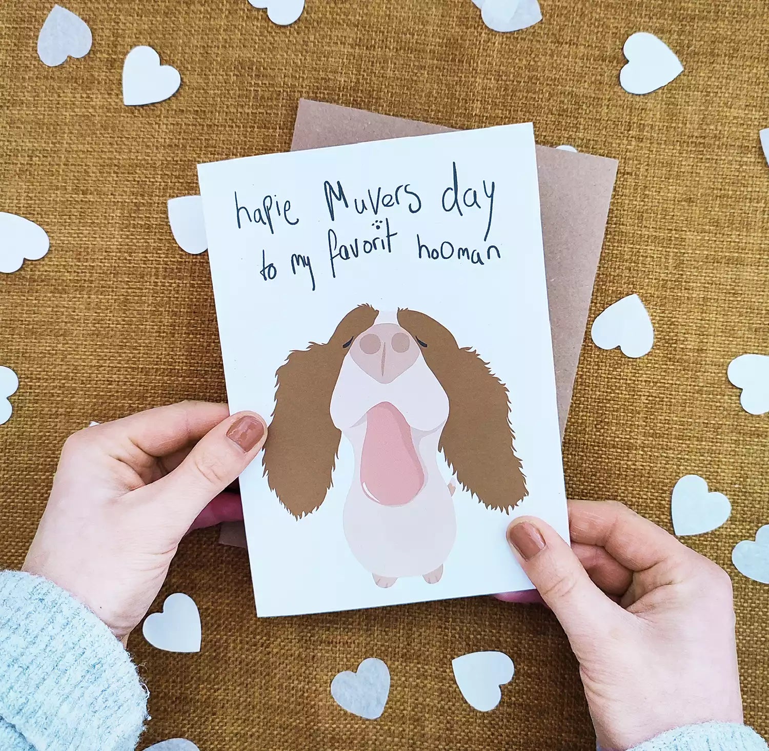 mothers day card, Funny spaniel and handwritten message from dog