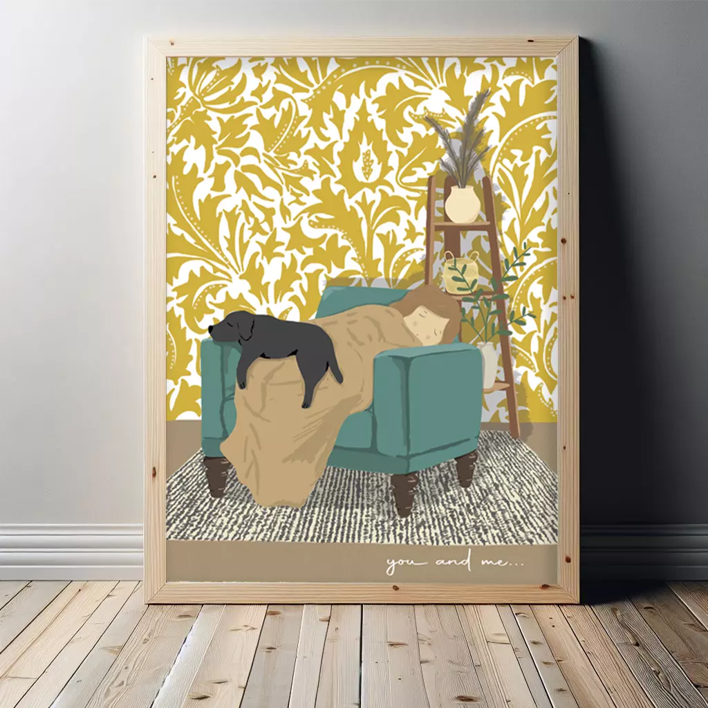 Illustrated print with dog and owner sleeping in armchair and patterned wallpaper background