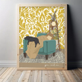 Illustrated print with dog and owner sleeping in armchair and patterned wallpaper background
