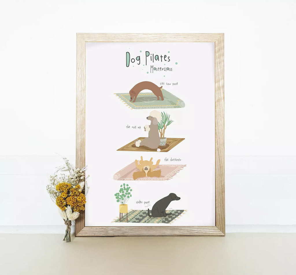 print with text 'Dog Pilates Masterclass' and dog in different poses, like cat cow pose