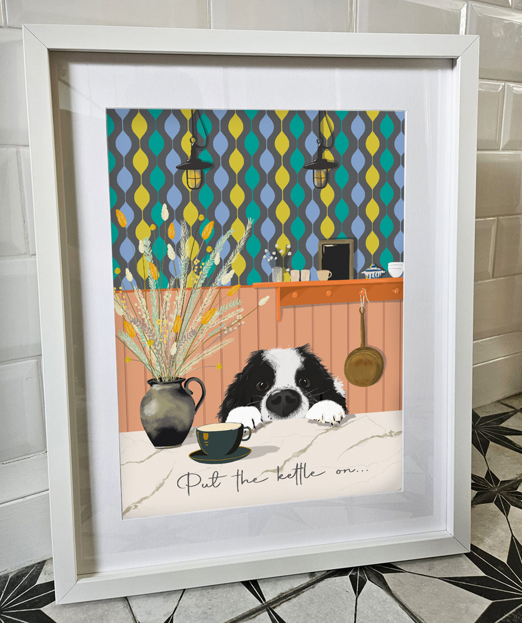 spaniel kitchen print, with patterned wallpaper background, text 'put the kettle on'