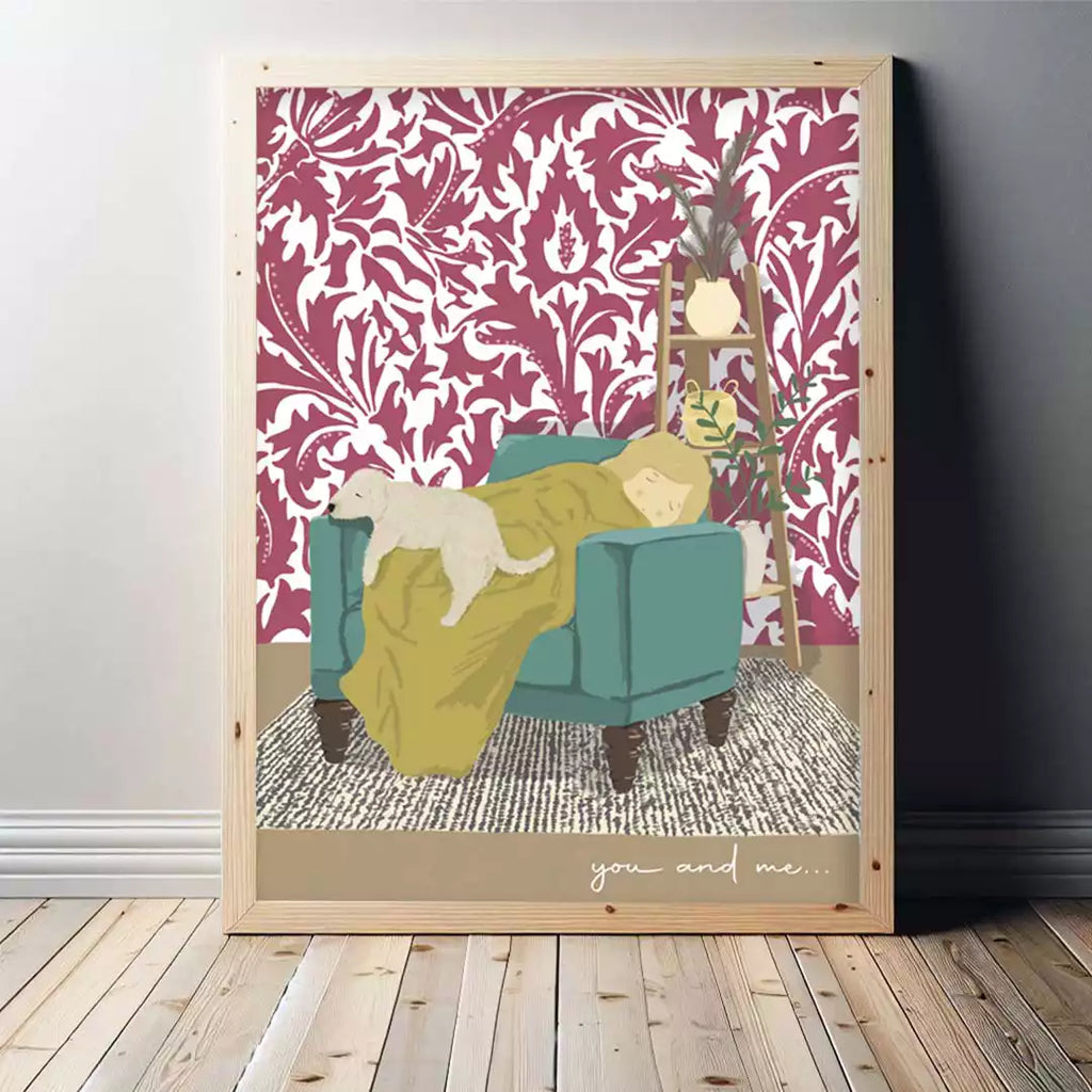print showing dogs sleeping on an armchair with their owner. pattern wallpaper background