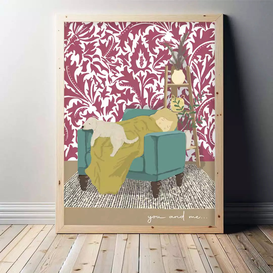 print showing dogs sleeping on an armchair with their owner. pattern wallpaper background