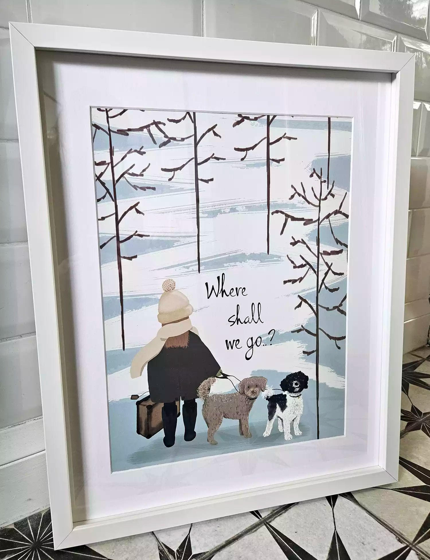 Winter scene print, with dogs and owner. Text reads 'Where shall we go..?'
