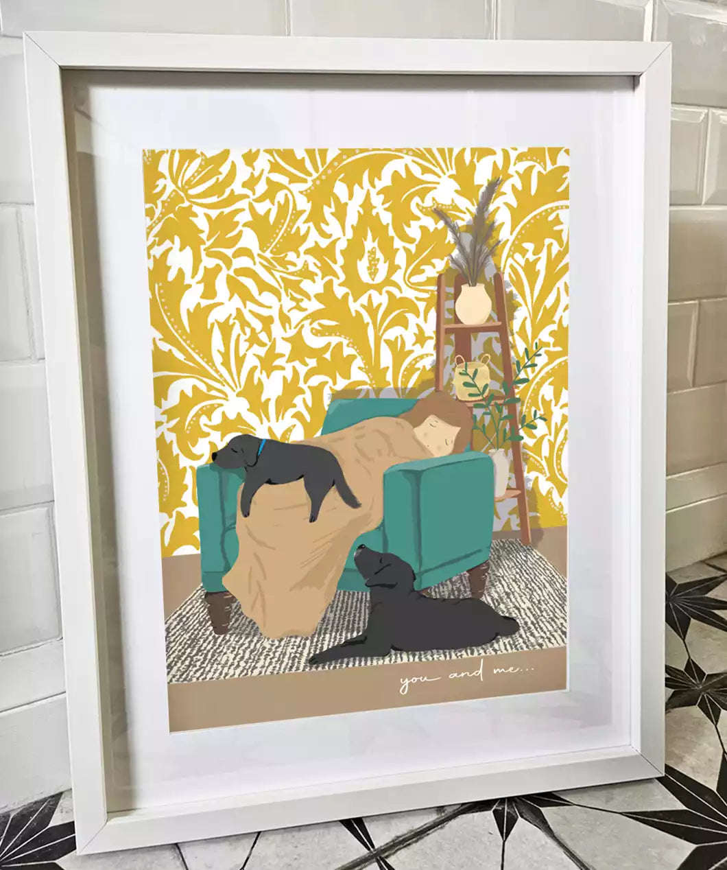 print showing dogs sleeping on an armchair with their owner. pattern wallpaper background