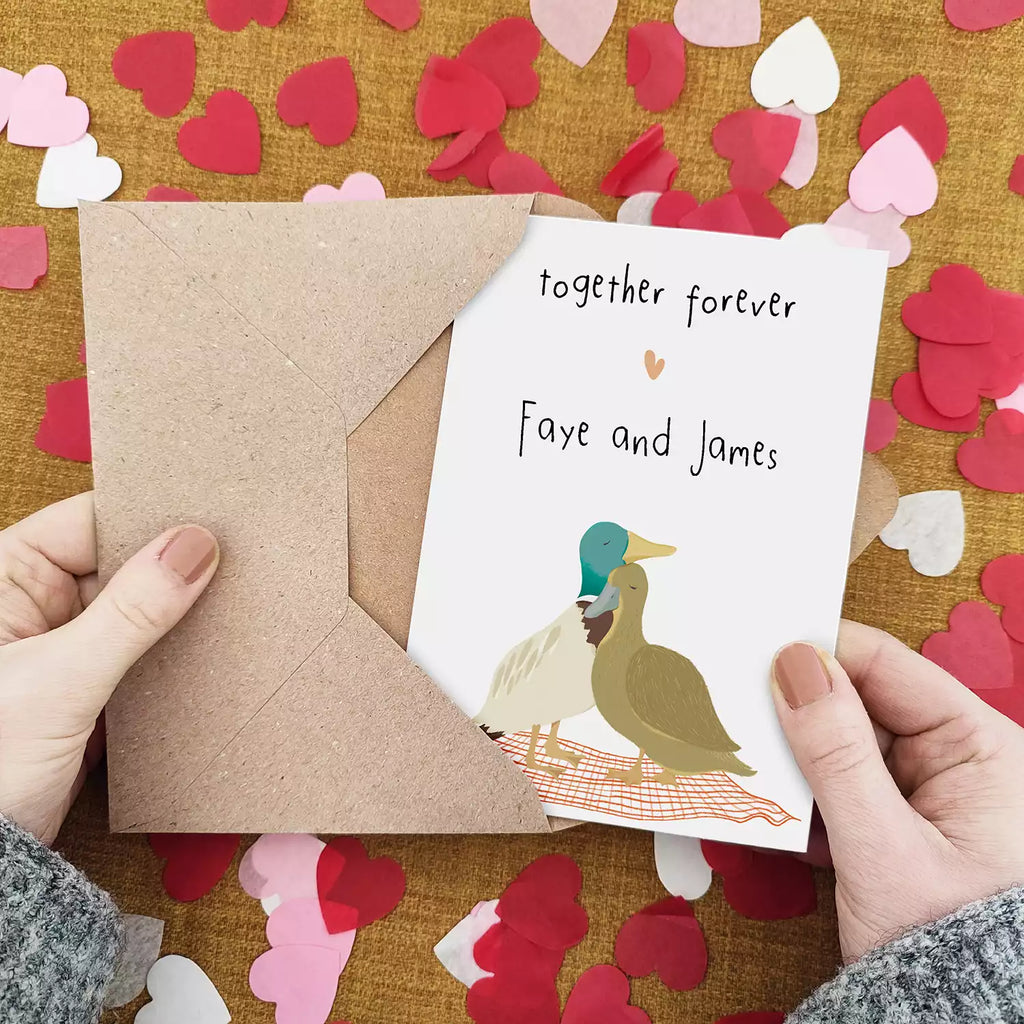 personalised duck couple card with text 'together forever'