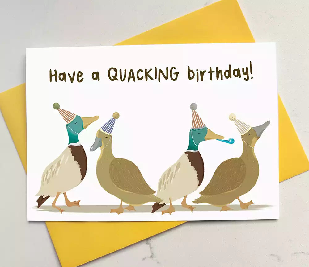 personalised ducks partying birthday card and pun 'have a quacking birthday'
