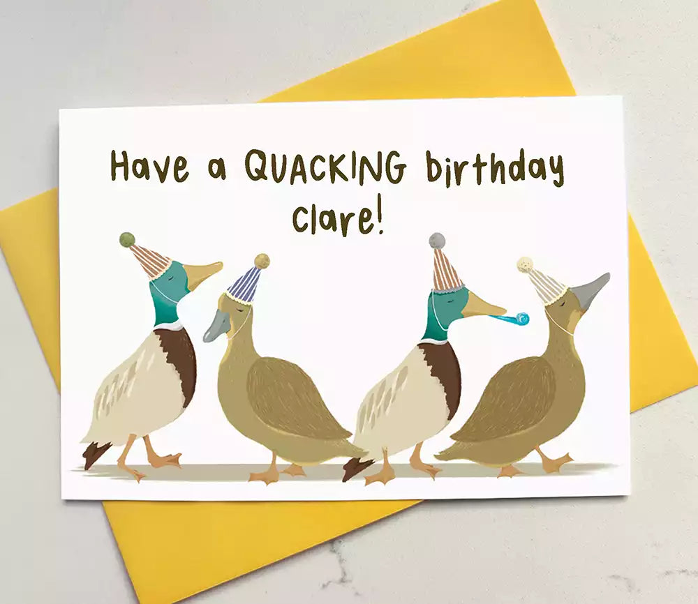 personalised ducks partying birthday card and pun 'have a quacking birthday'
