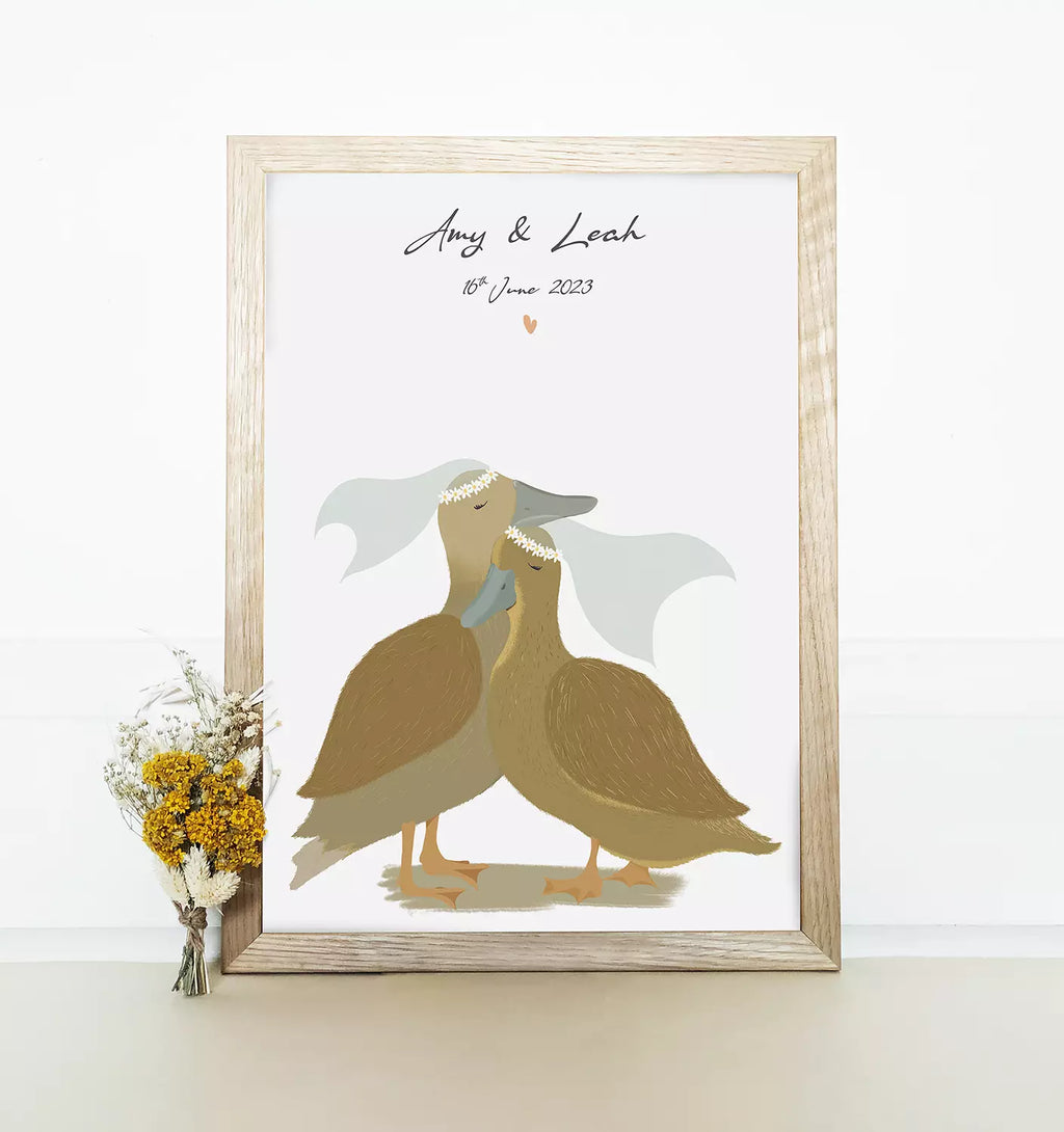ducks couple wedding print personalised with names and dates