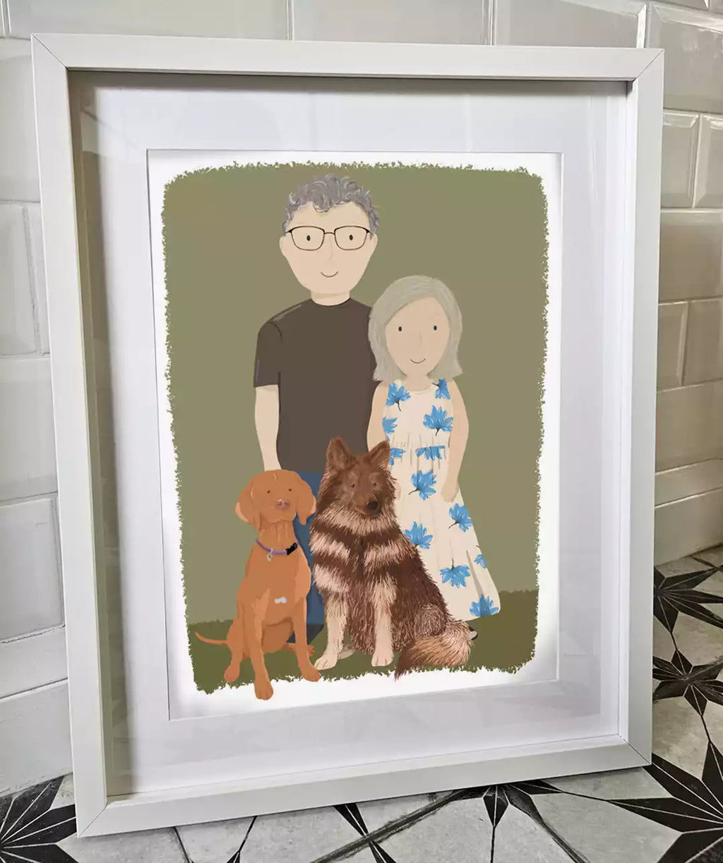custom family portrait with couple and their two dogs