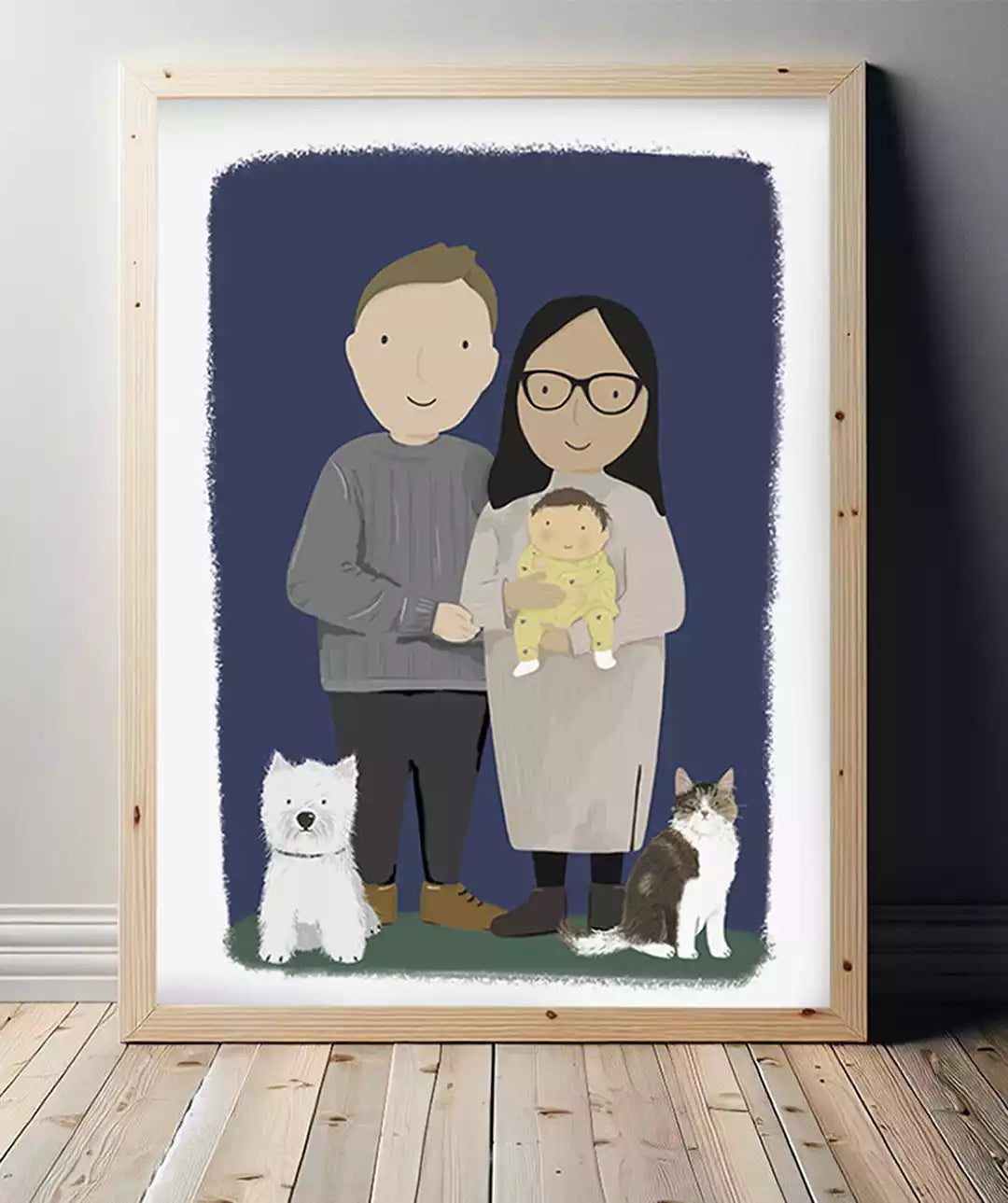 custom family portrait with couple, baby, cat and dog