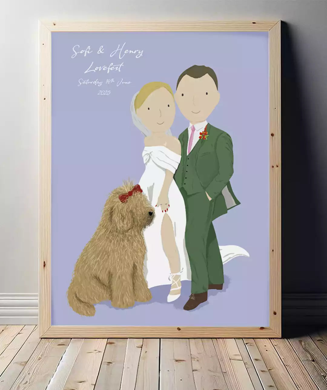 custom family portrait with couple and dog at their wedding
