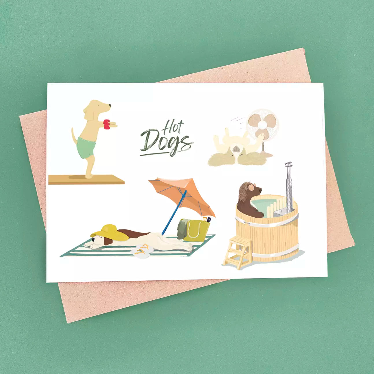 funny hot dogs card in poses such as 'hot tub' and 'sunbathing'
