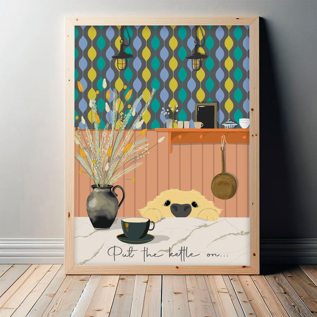 golden retriever kitchen print, with patterned wallpaper background, text 'put the kettle on'