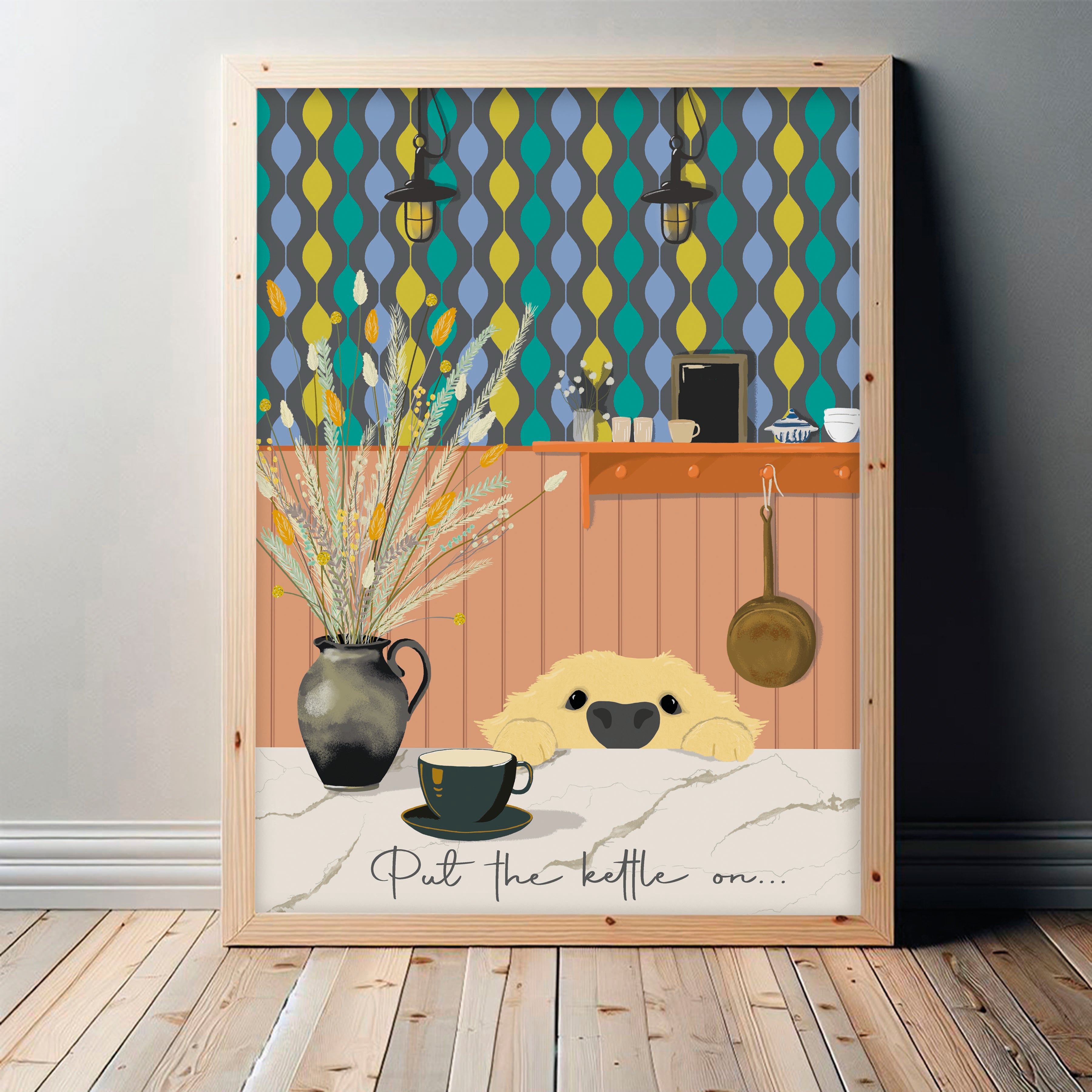golden retriever kitchen print, with patterned wallpaper background, text 'put the kettle on'