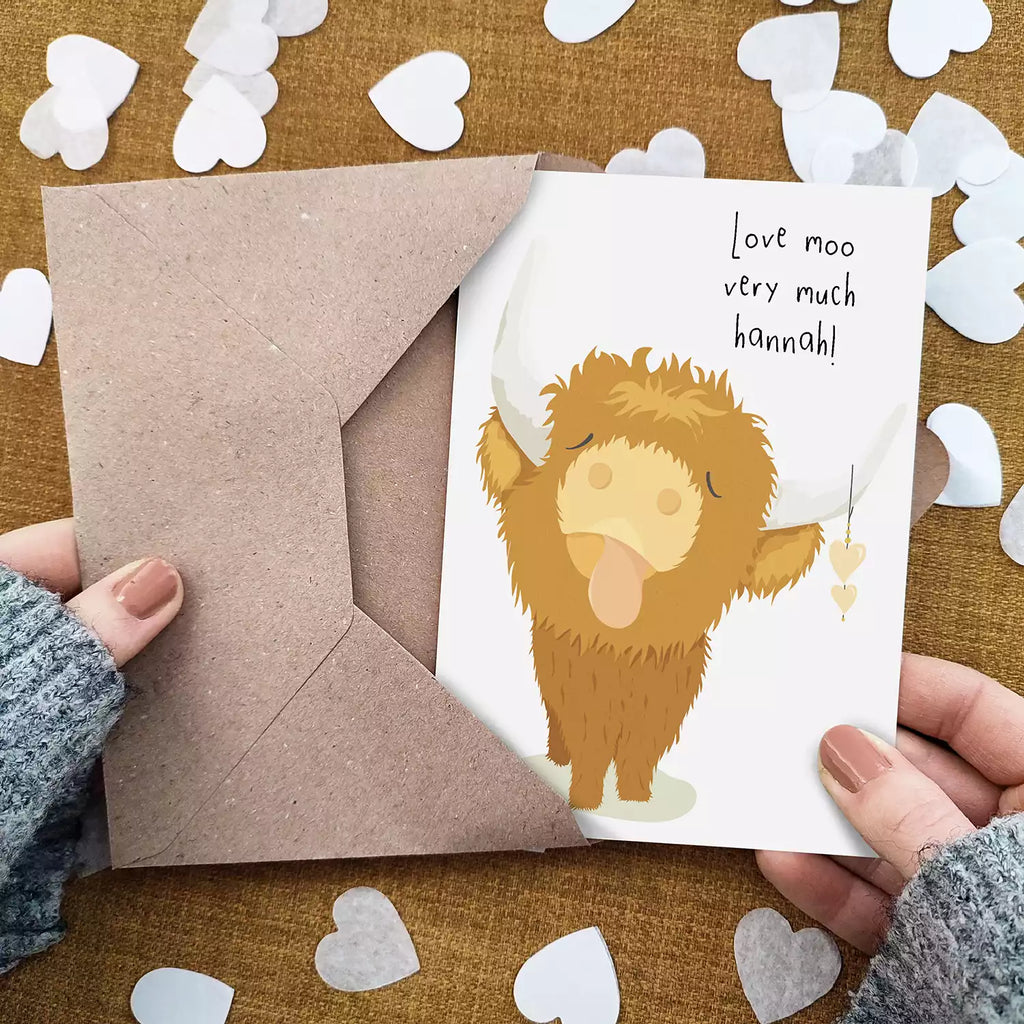 personalised card with highland cow and pun 'love moo very much'