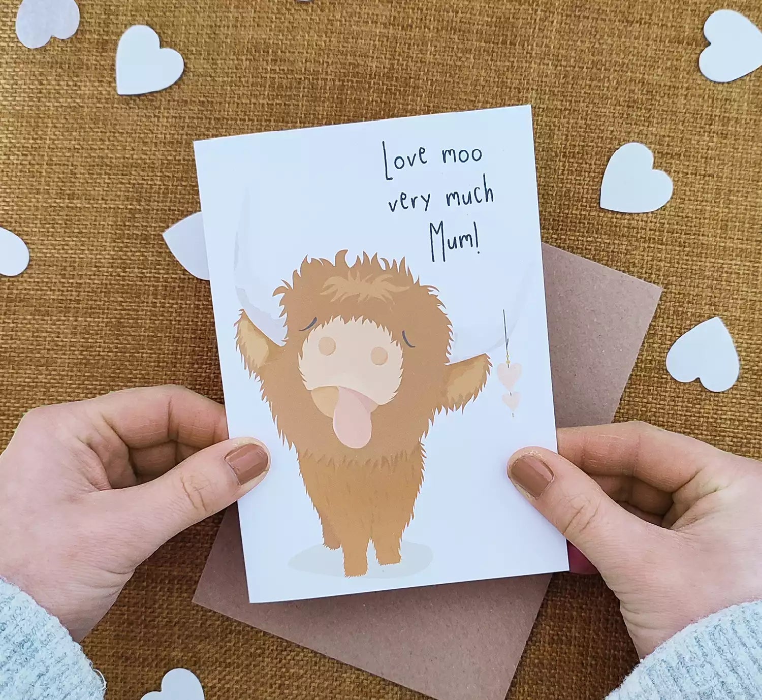 funny highland cow card with pun 'love moo very much Mum!'