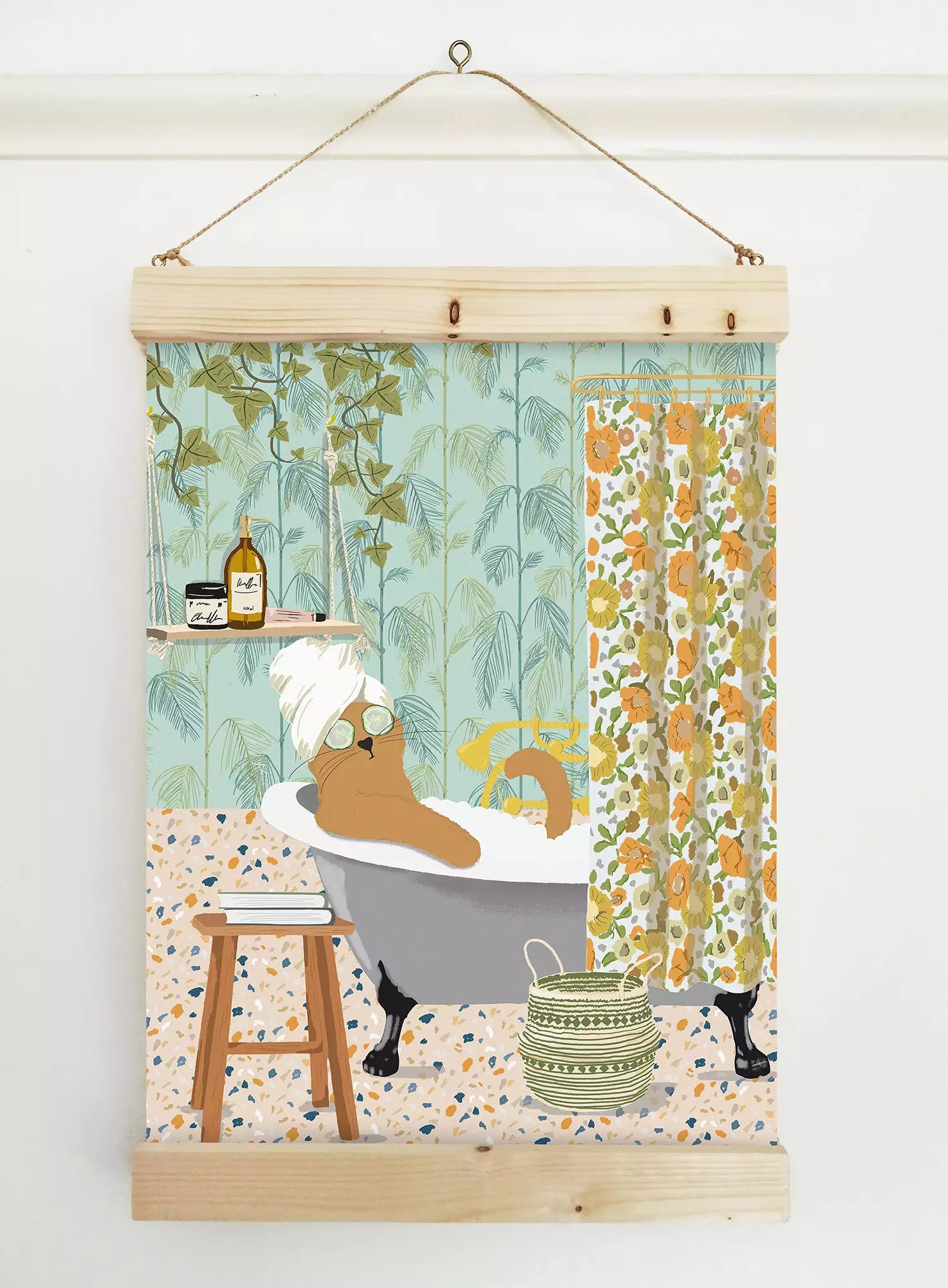 funny bathroom print with ginger cat in the bath and colourful patterned decor.