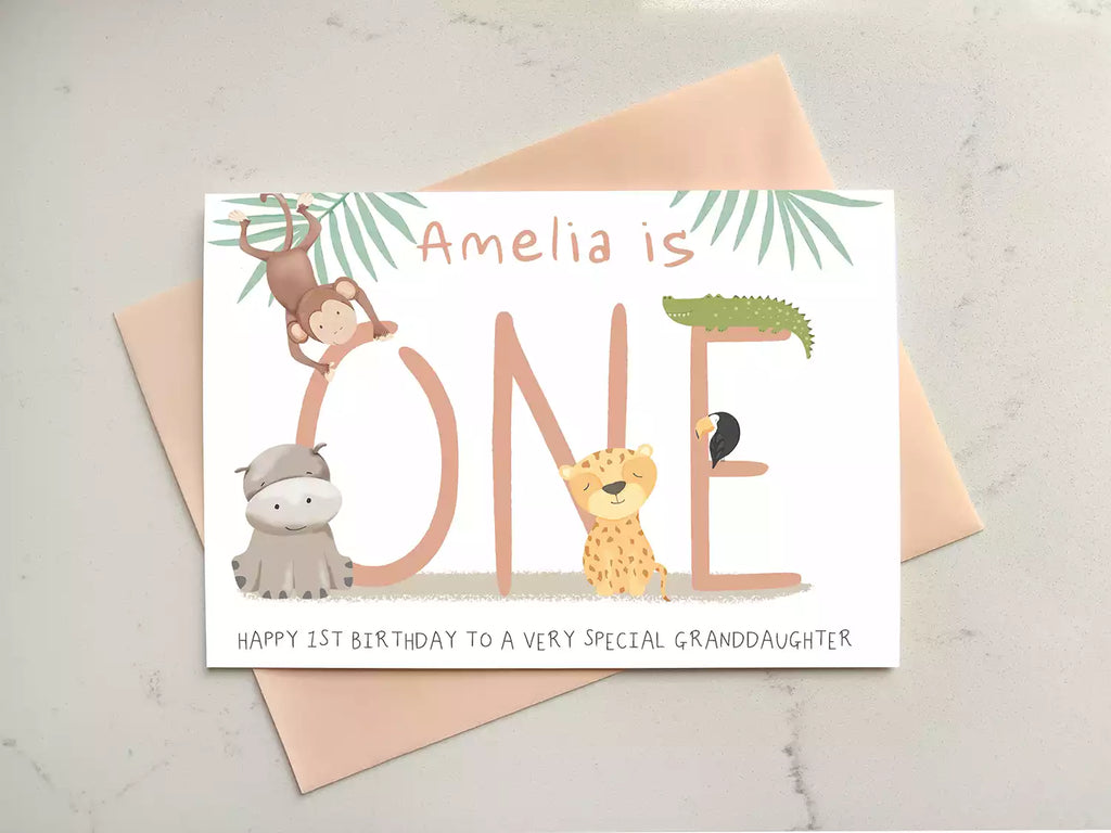 jungle themed 1st birthday card, personalised with name and who it's from.