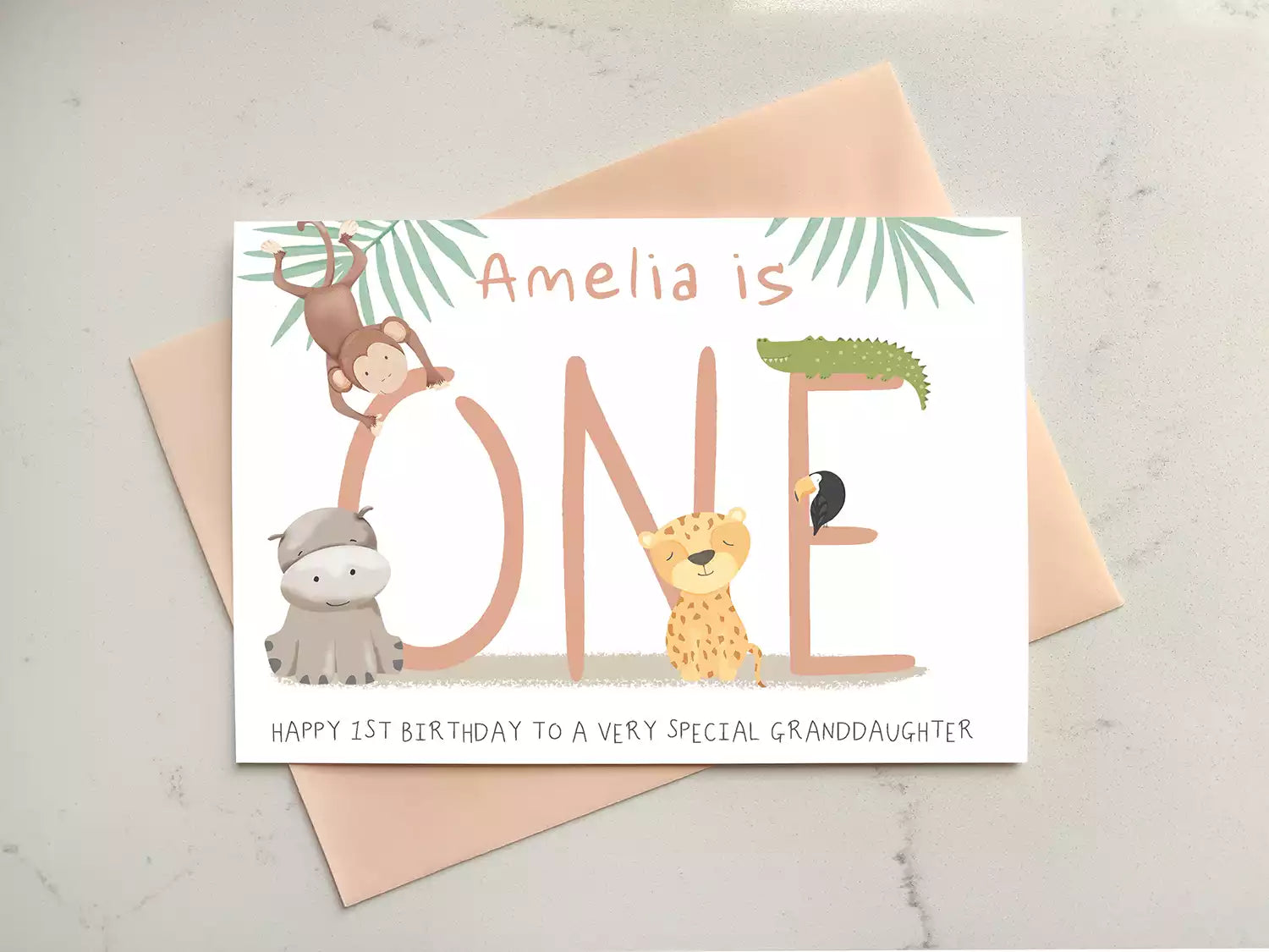 jungle themed 1st birthday card, personalised with name and who it's from.