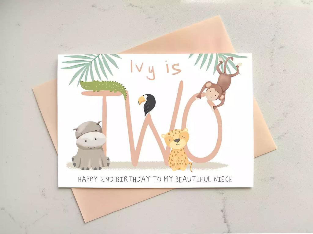 jungle themed 2nd birthday card, personalised with name and who it's from.
