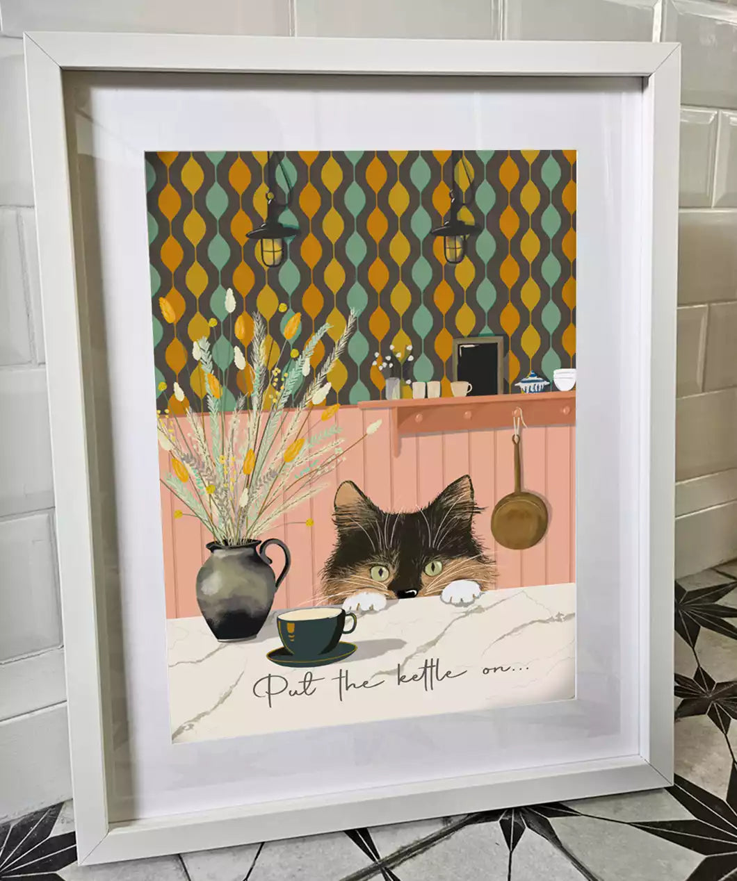 kitchen print with cat and text 'put the kettle on'