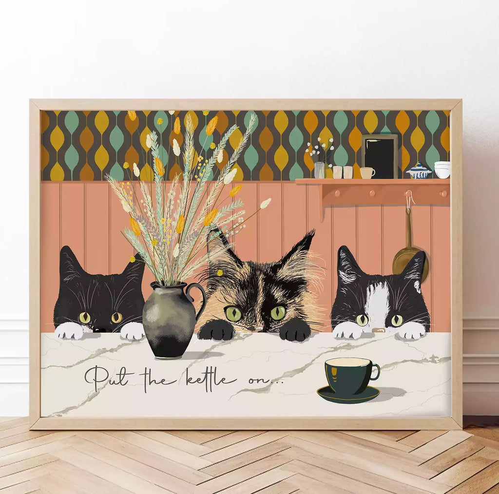 kitchen print with cat and text 'put the kettle on'