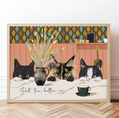 kitchen print with cat and text 'put the kettle on'