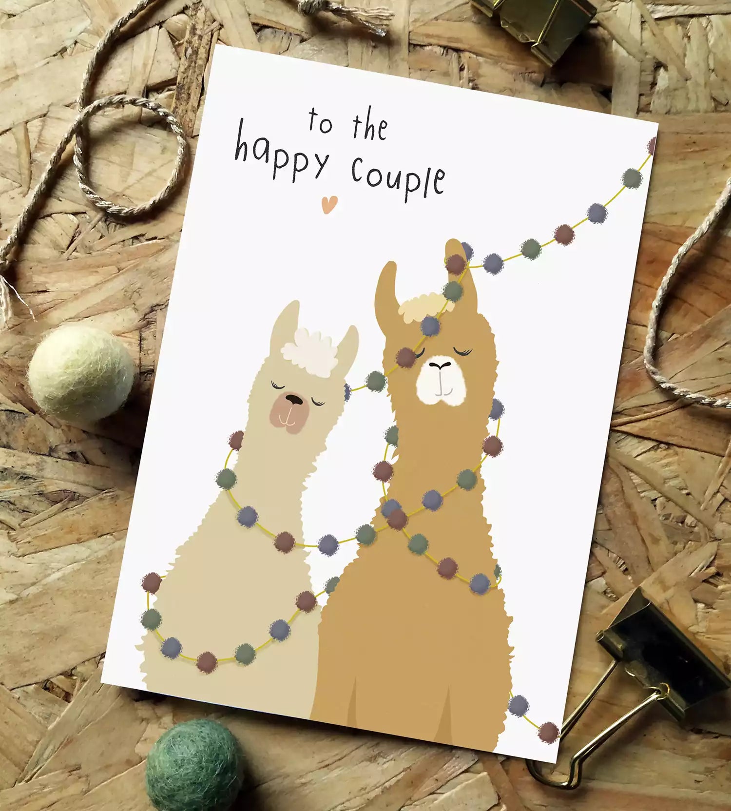 Greeting card with llamas and personalised text under 'to the happy couple'