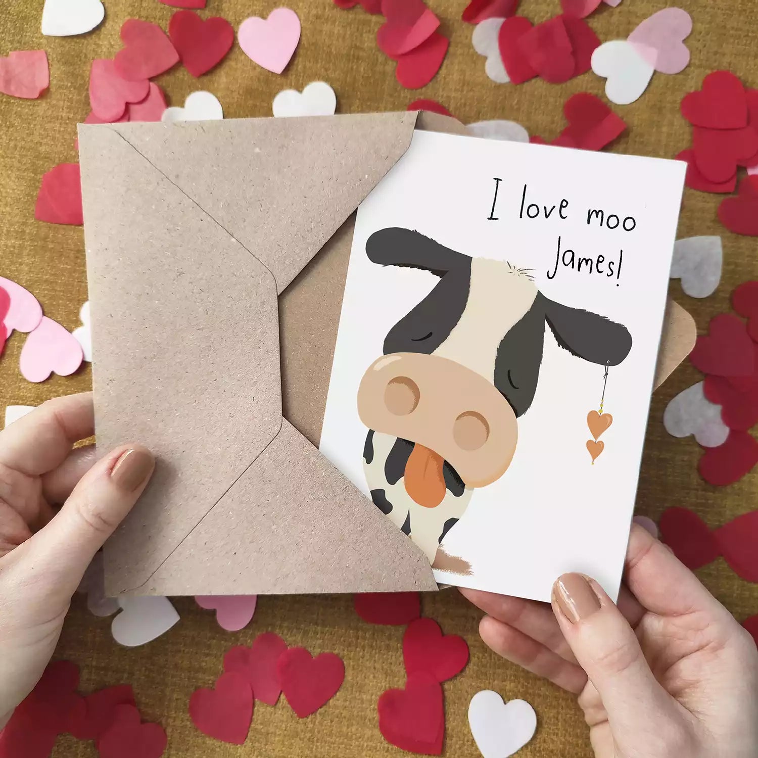 personalised funny card featuring cow and pun 'i love moo!'