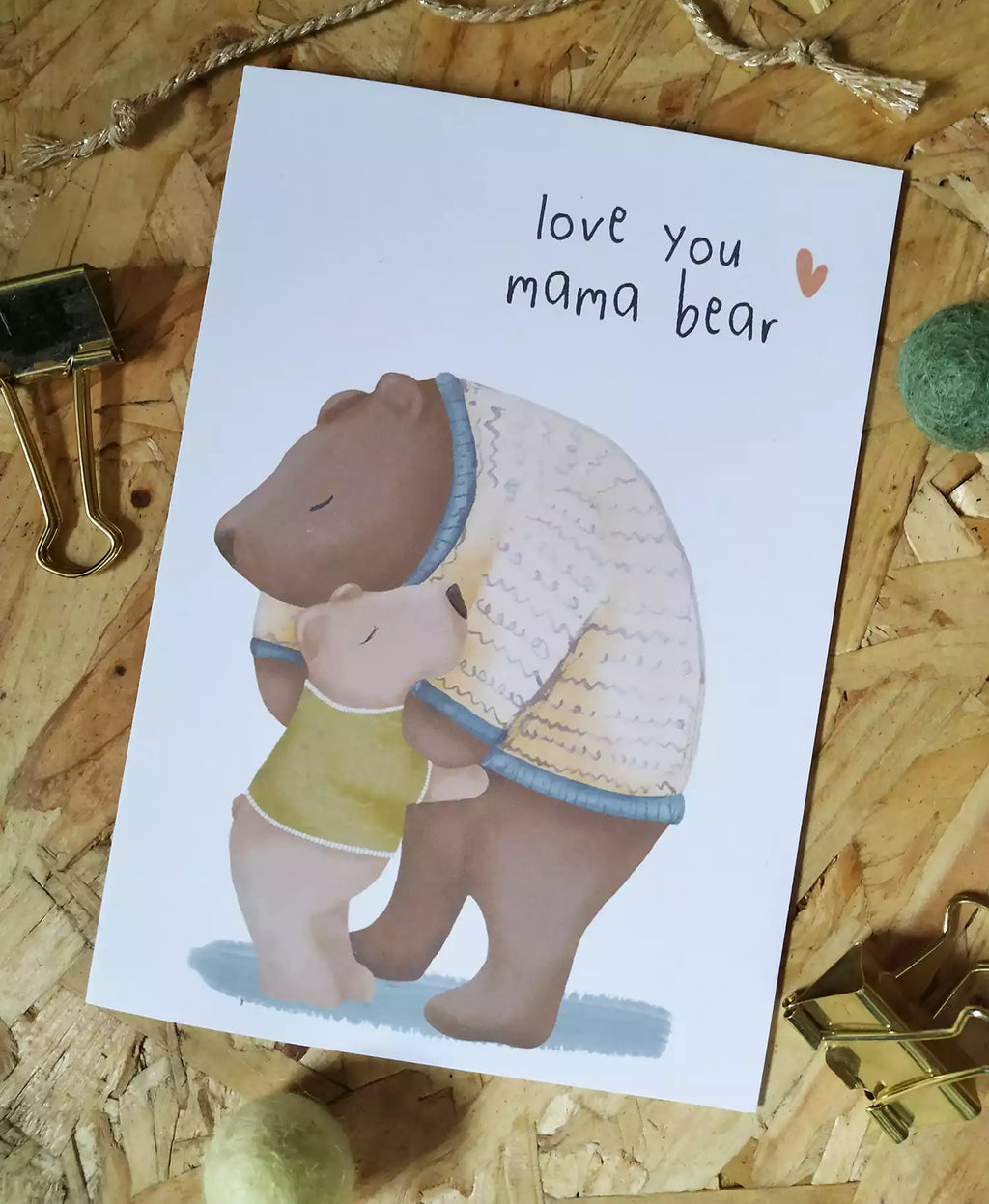 Card with mother bear and child hugging and text 'love you mama bear'