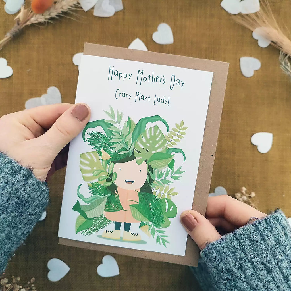 mother's day card with lady surrounded by leaves. Happy Mother's Day Crazy Plant Lady