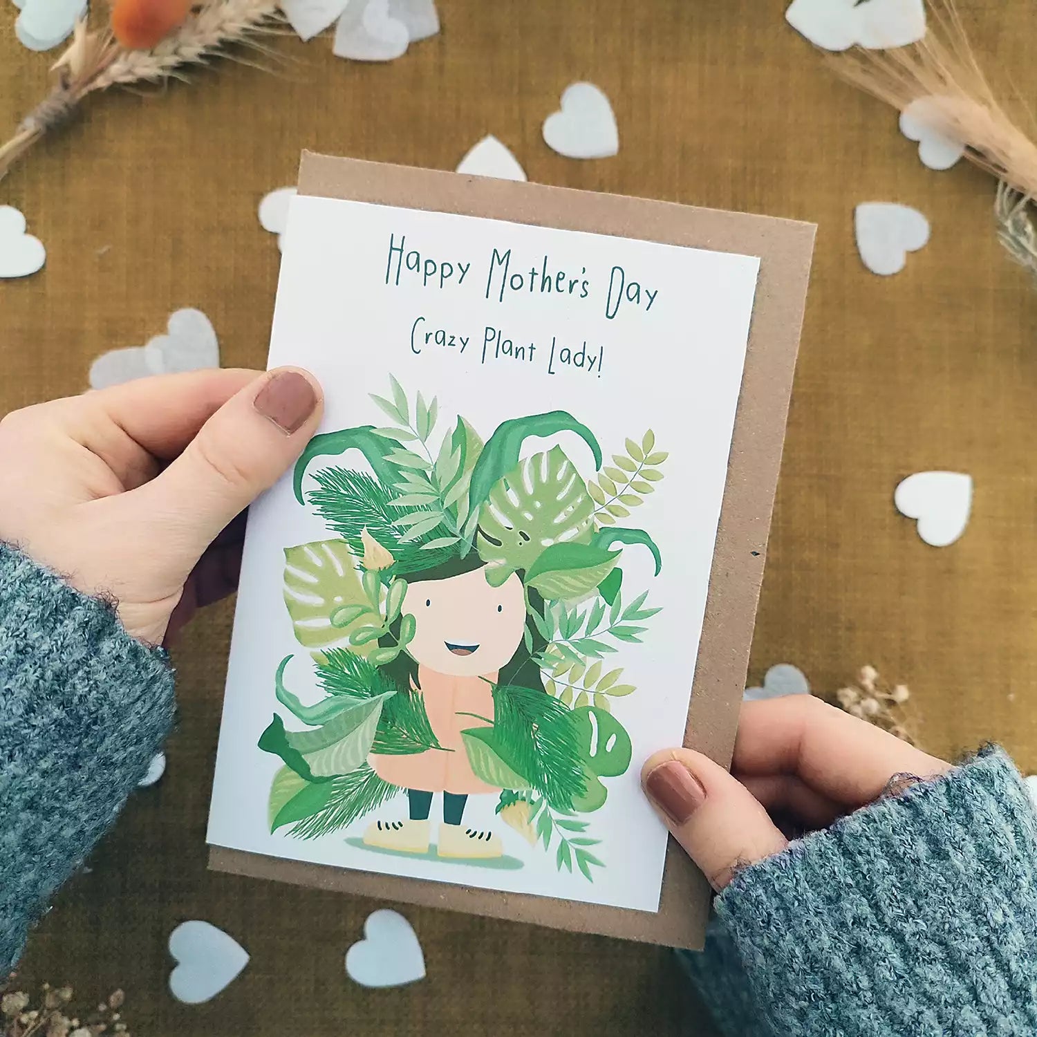 mother's day card with lady surrounded by leaves. Happy Mother's Day Crazy Plant Lady