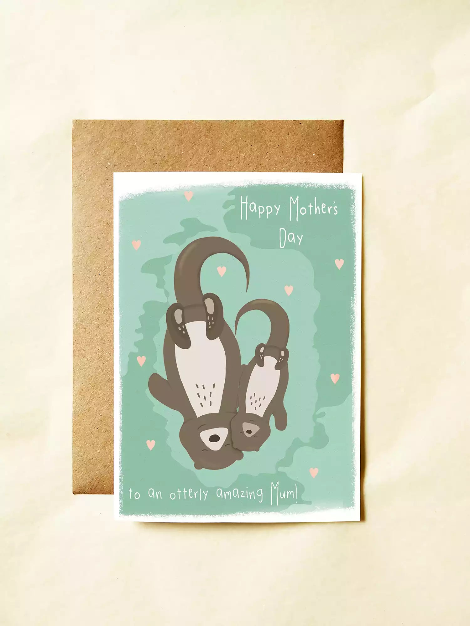 mother's day card with mum and baby otter and pun 'to an otterly amazing mum'