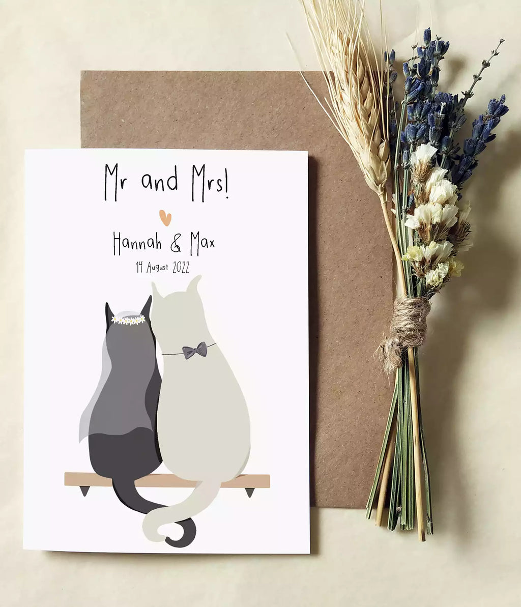 Wedding card with two cats and text 'Mr and Mrs!' Personalised with couple's names