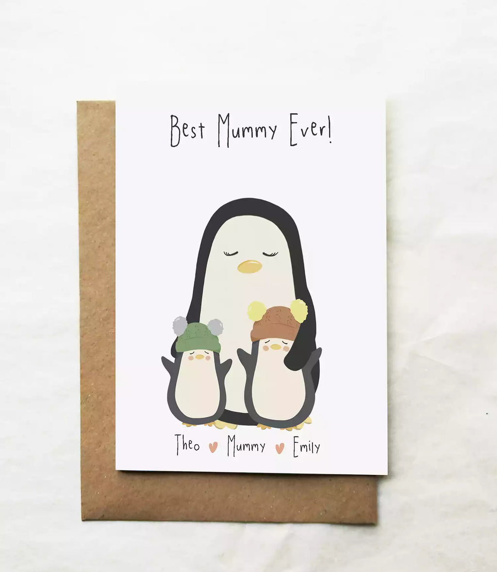 Personalised names 'best mummy ever!' card with mummy penguin and two children.