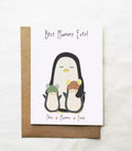 Personalised names 'best mummy ever!' card with mummy penguin and two children.