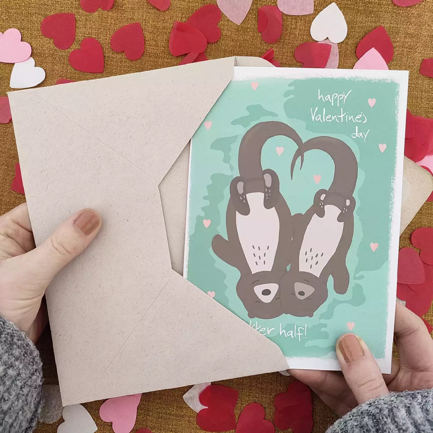 otter valentines day card with otter couple and pun 'to my otter half'