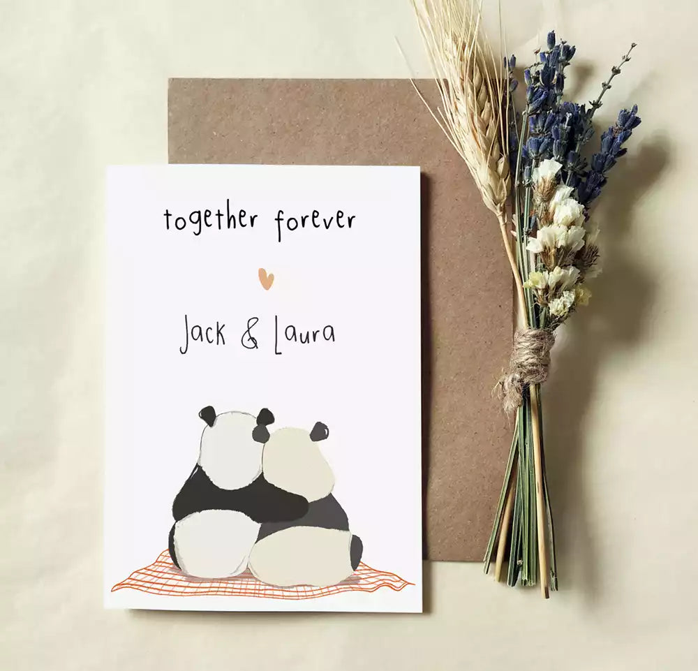 personalised anniversary card with two pandas and text 'together forever'