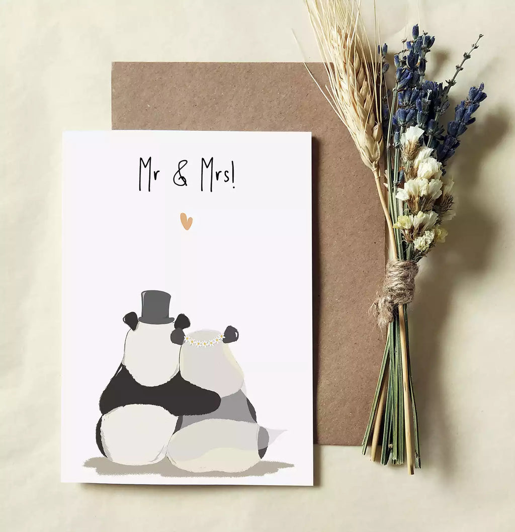 panda wedding card with text 'mr & mrs!' and personalised with couple's names