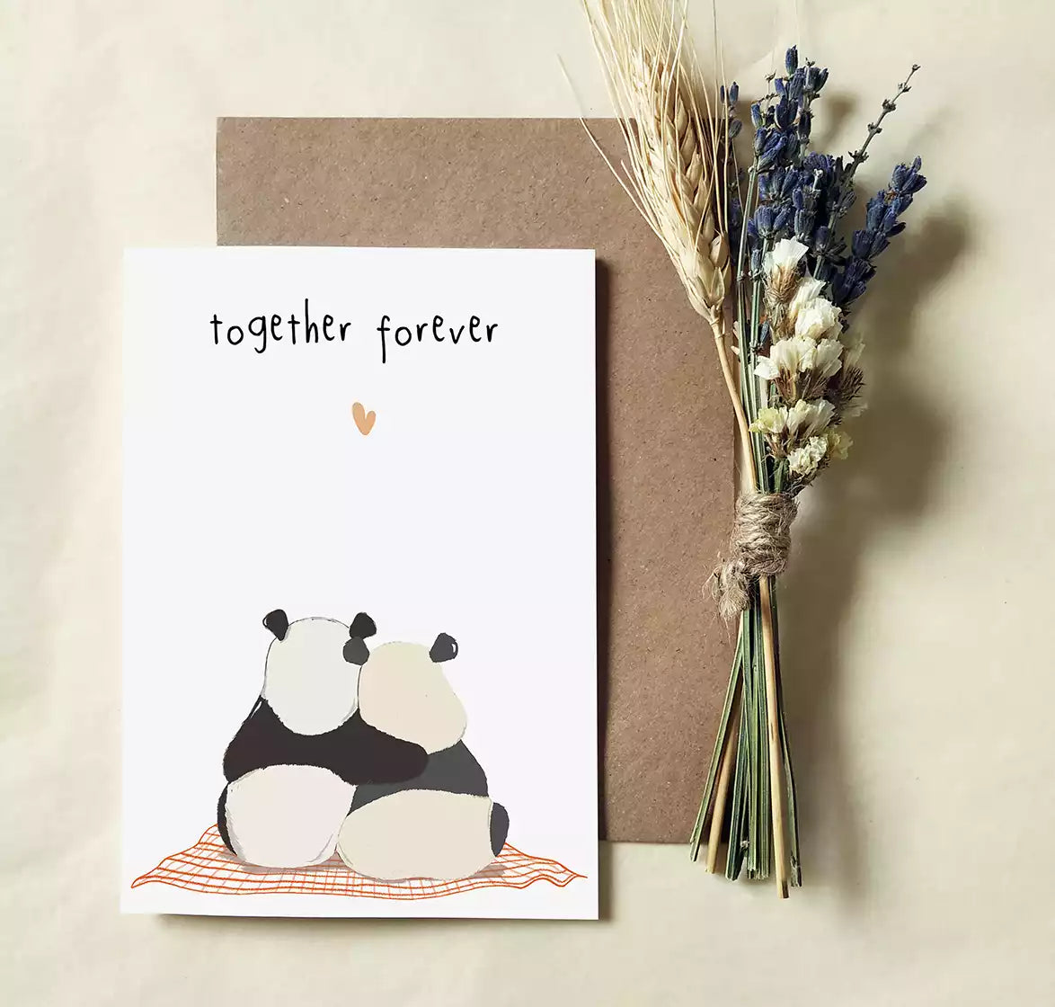 personalised anniversary card with two pandas and text 'together forever'