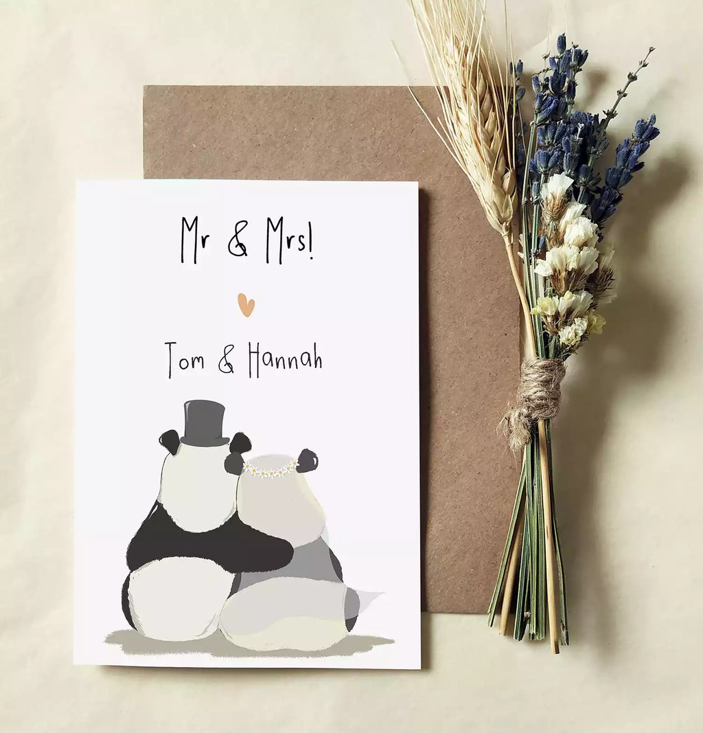 panda wedding card with text 'mr & mrs!' and personalised with couple's names