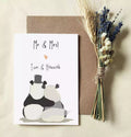 panda wedding card with text 'mr & mrs!' and personalised with couple's names