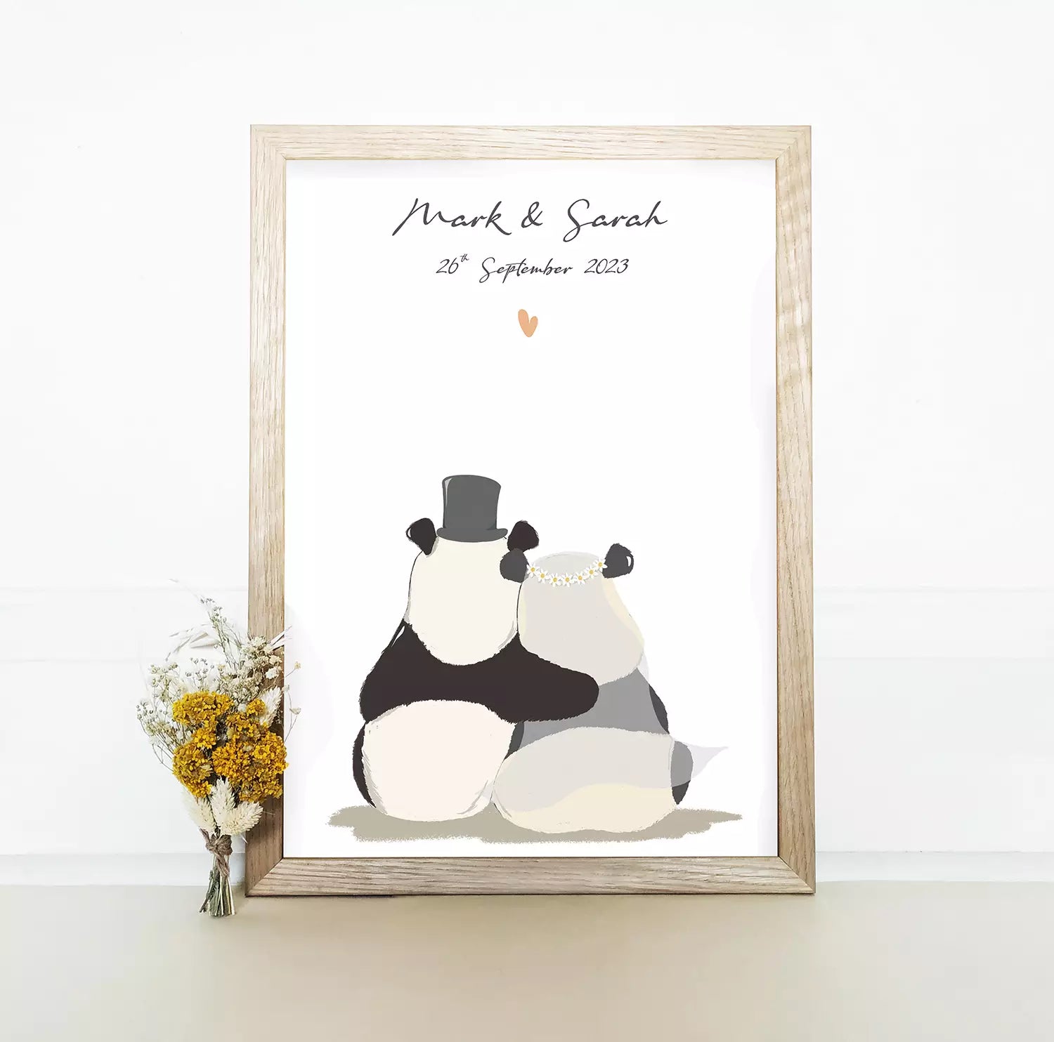 panda couple wedding print personalised with names and dates